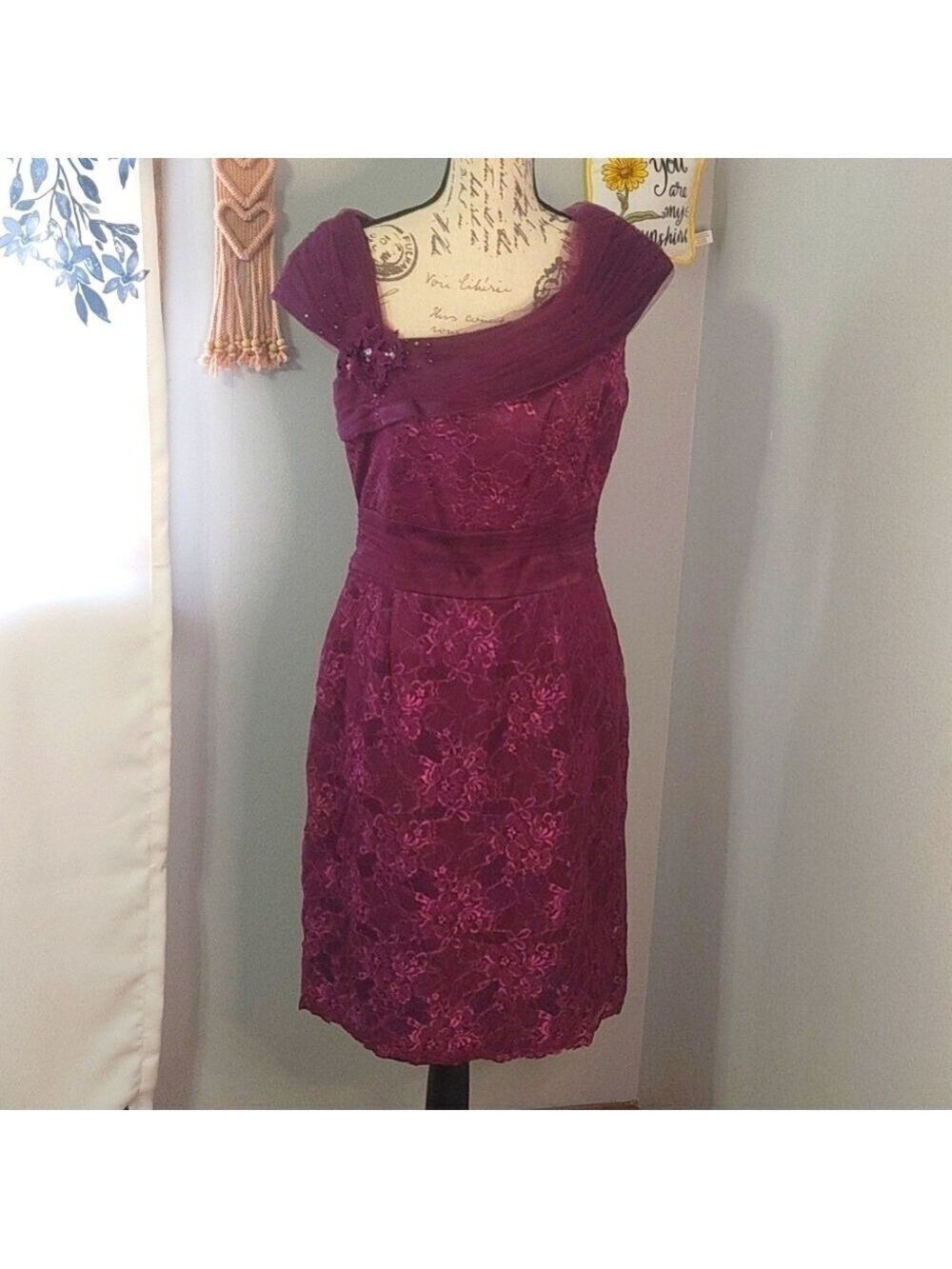 NWT Jade By Jasmine J155013 Purple Lace Overlay Tea Length Dress 8